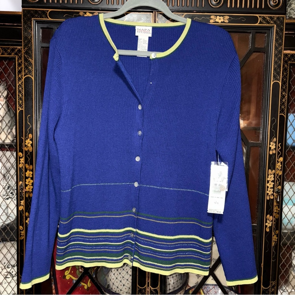 NWT Napa Studio Cardigan Knit Sweater Size Large Royal Blue & Lime Green